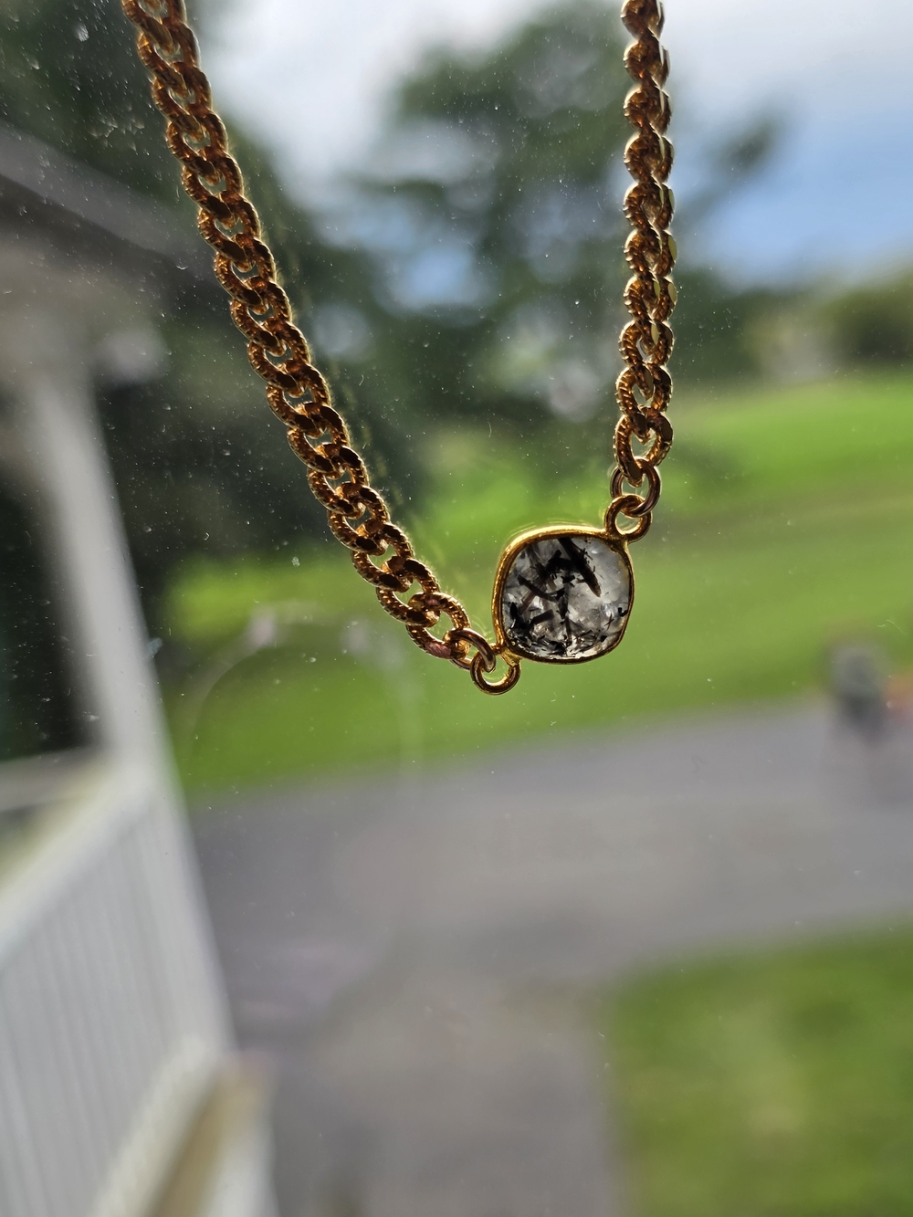 Gold Chain Necklace with Clear Marbled Pendant - Women Jewelry